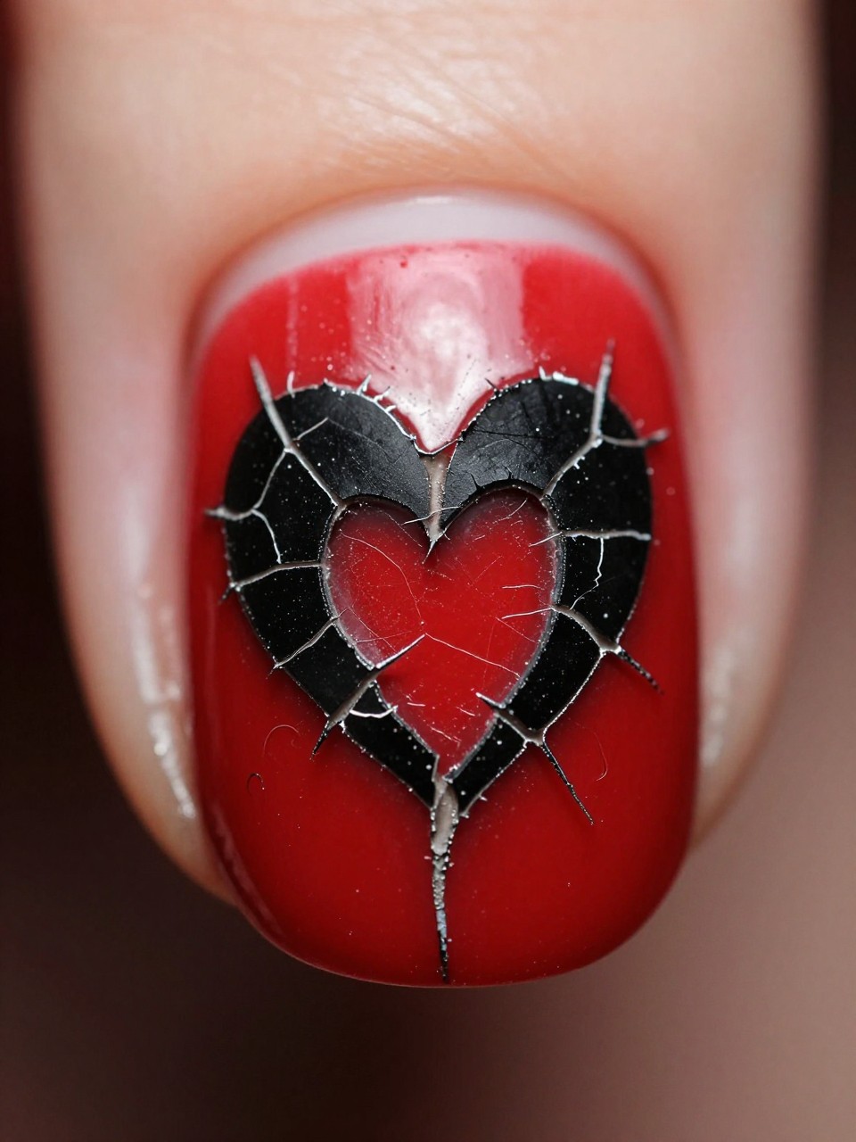 Macro shot of a nail. A bright red base is visible through the web-like cracks of a black crackle top coat, which is thickest in a heart formation at the center. The look is beautifully decayed and retro-edgy.