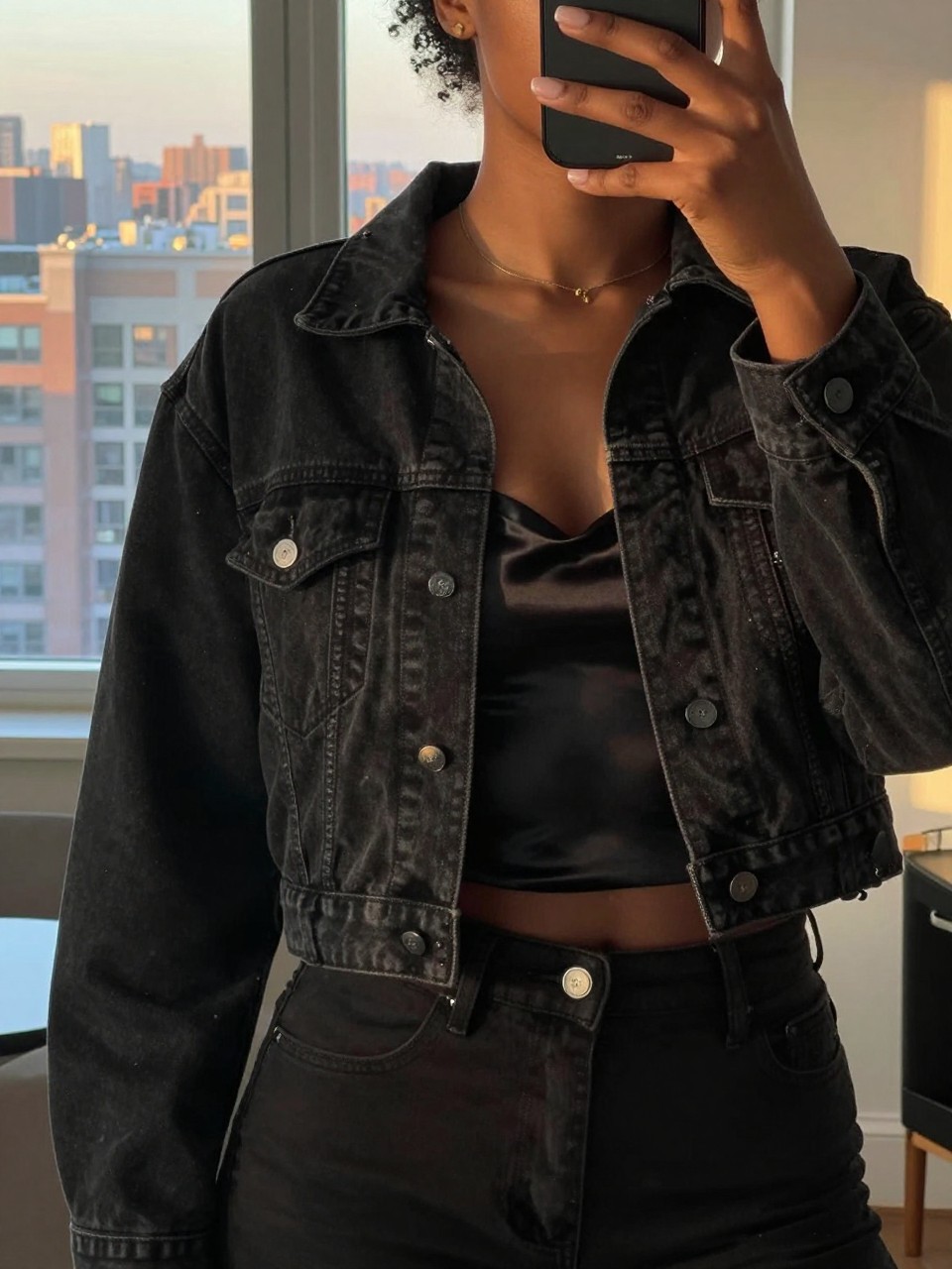 mirror selfie of a black woman in a black cropped jean jacket and satin cami, one hand slightly behind, cropped at NECK so face doesn't show, in a city apartment during evening golden hour, iPhone photo quality.
