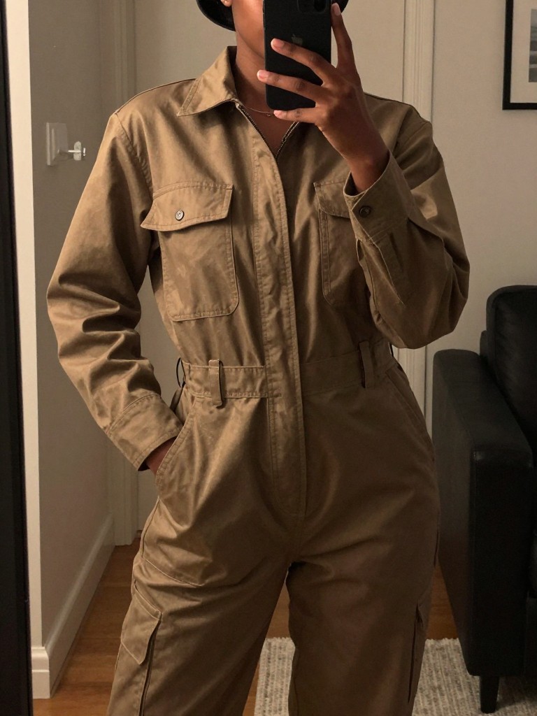 mirror selfie of a black woman in a utility jumpsuit and hat, hands in jumpsuit pockets, cropped at NECK so face doesn't show, in a city apartment, warm moody lighting, iPhone photo quality.