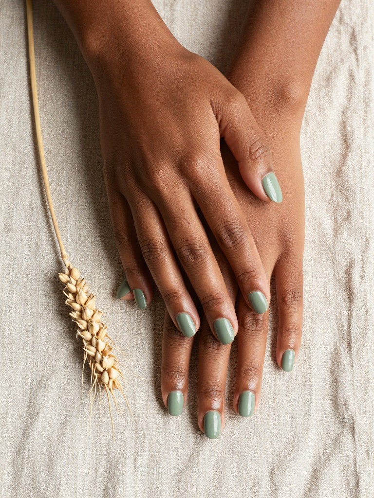 Overhead shot of black hands placed on a textured, oatmeal-colored linen napkin. The nails are a short squoval shape, painted a flat, matte sage green. A single, dried wheat stalk lies beside the hands. The lighting is soft and natural, showing the velvety texture.