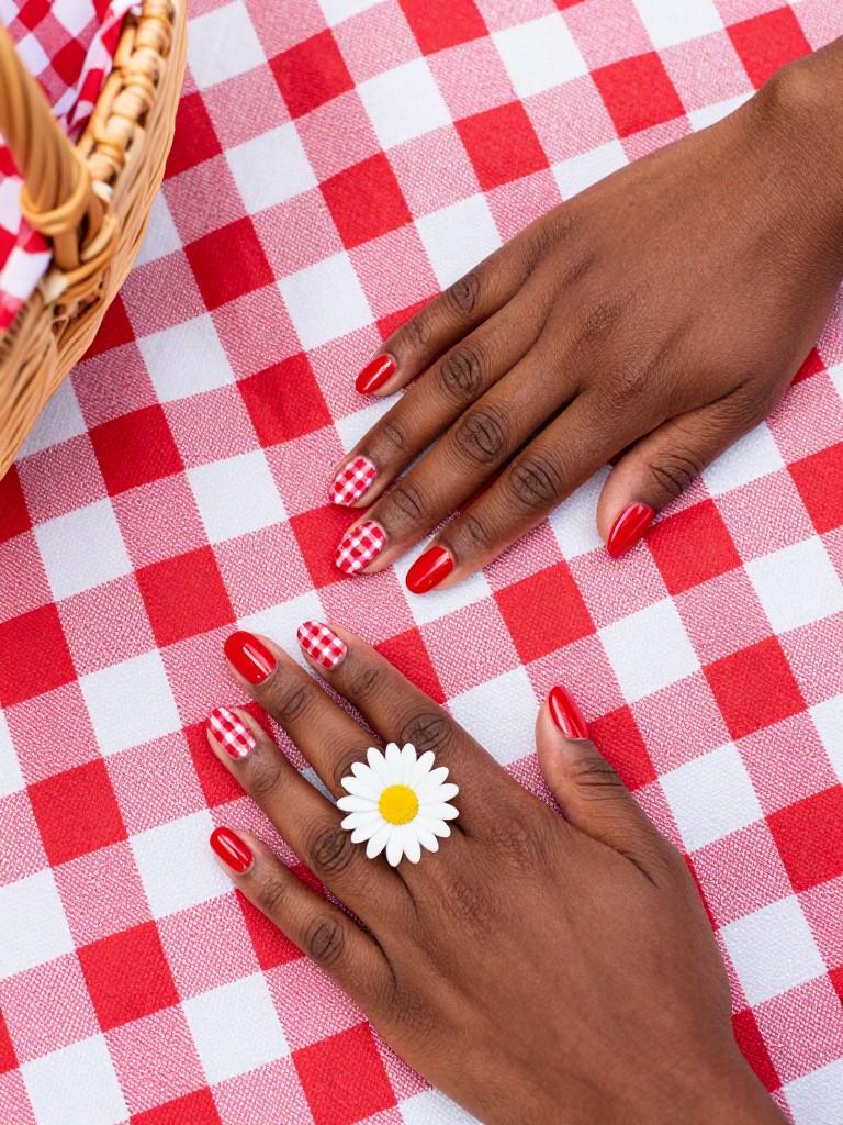 Overhead shot of black hands with short nails on a red and white checkered picnic blanket. Some nails are red and white gingham. The accent nails are solid red with one large white daisy. A picnic basket is in the corner of the frame.