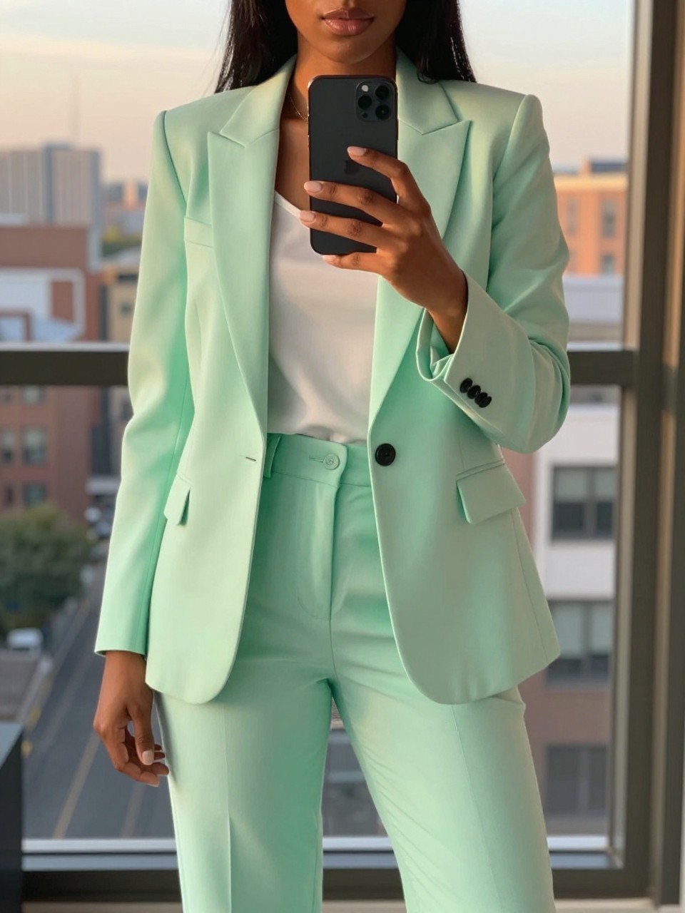 iPhone mirror selfie of a Black woman wearing a mint green blazer and trousers with a white blouse, standing with her weight shifted and phone low, cropped at NECK so face doesn't show, in a city apartment, evening golden hour light, iPhone photo quality.
