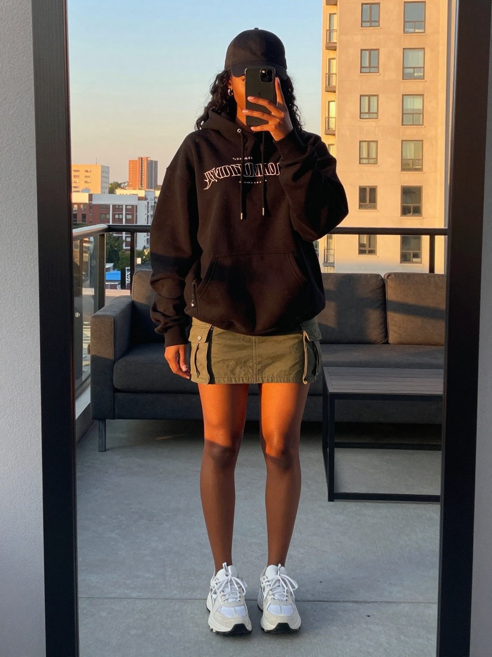 iPhone mirror selfie of a black woman wearing an oversized black graphic hoodie that covers most of her olive green cargo mini skirt, with chunky white sneakers and a backwards baseball cap, standing in a casual relaxed pose, cropped at NECK so face doesn't show, in a city apartment, evening golden hour, iPhone photo quality.