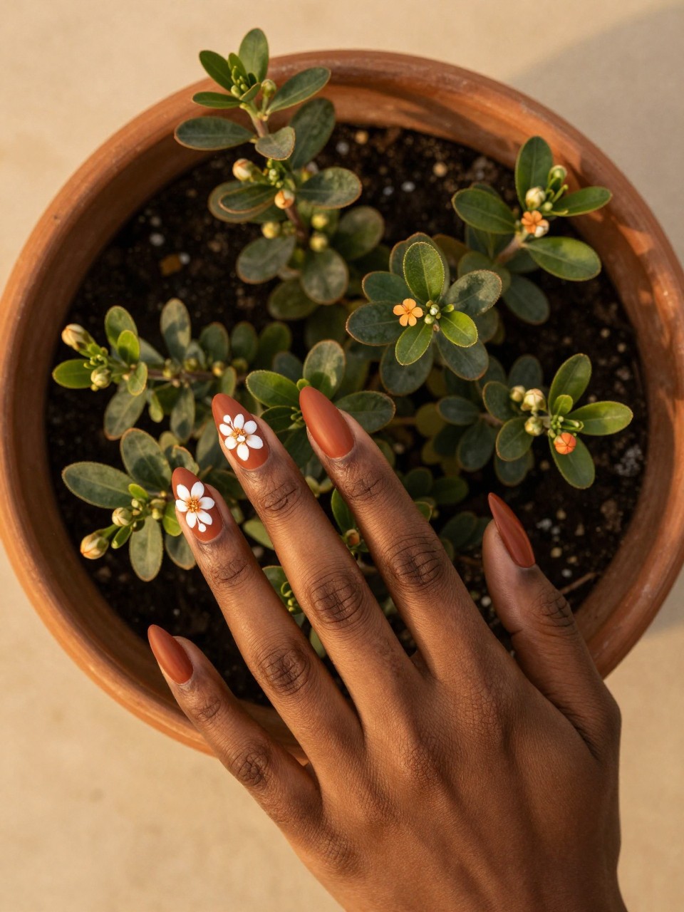Bird's-eye view of black feminine hands with almond nails resting on a terracotta pot of herbs. The nails are a matte terracotta. Small clusters of detailed white orange blossoms with dark green leaves are painted on each nail. The lighting is warm and golden.