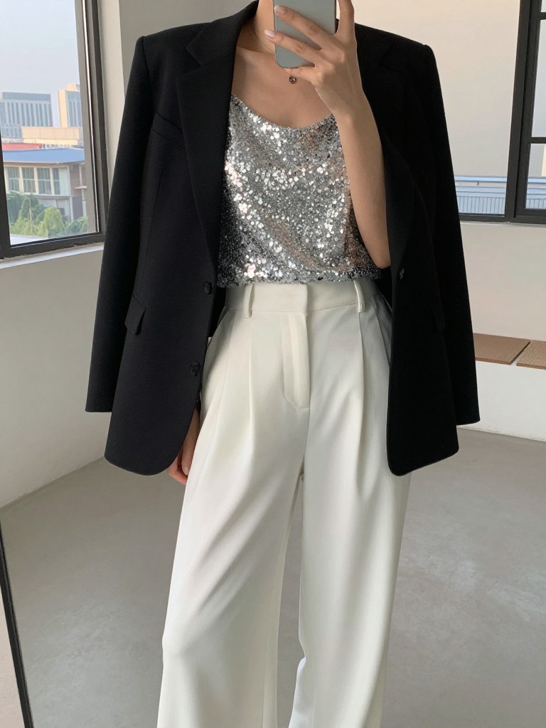 iPhone mirror selfie of a woman in wide-leg white trousers and a silver sequined camisole with a black blazer on her shoulders, face not shown, cropped at chest, in a stylish loft with natural evening light, iPhone photo quality.