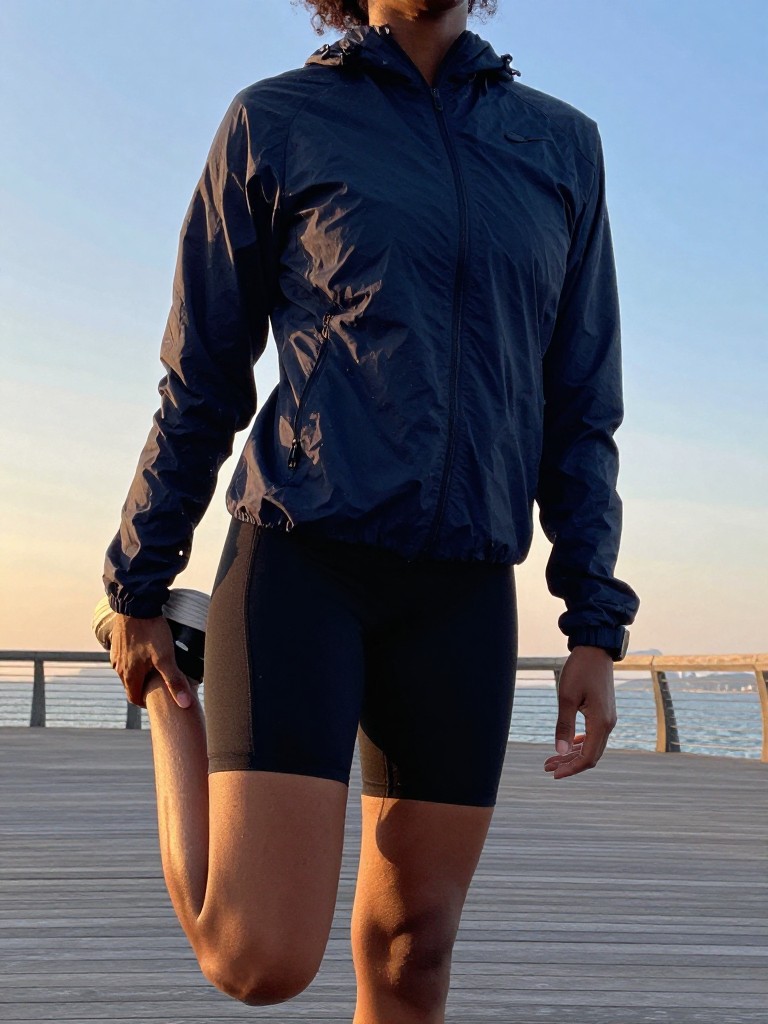A black woman in a windbreaker and cycling shorts, stretching before a run, cropped at neck so face doesn't show, on a boardwalk at sunrise, cool morning light, iPhone photo quality.