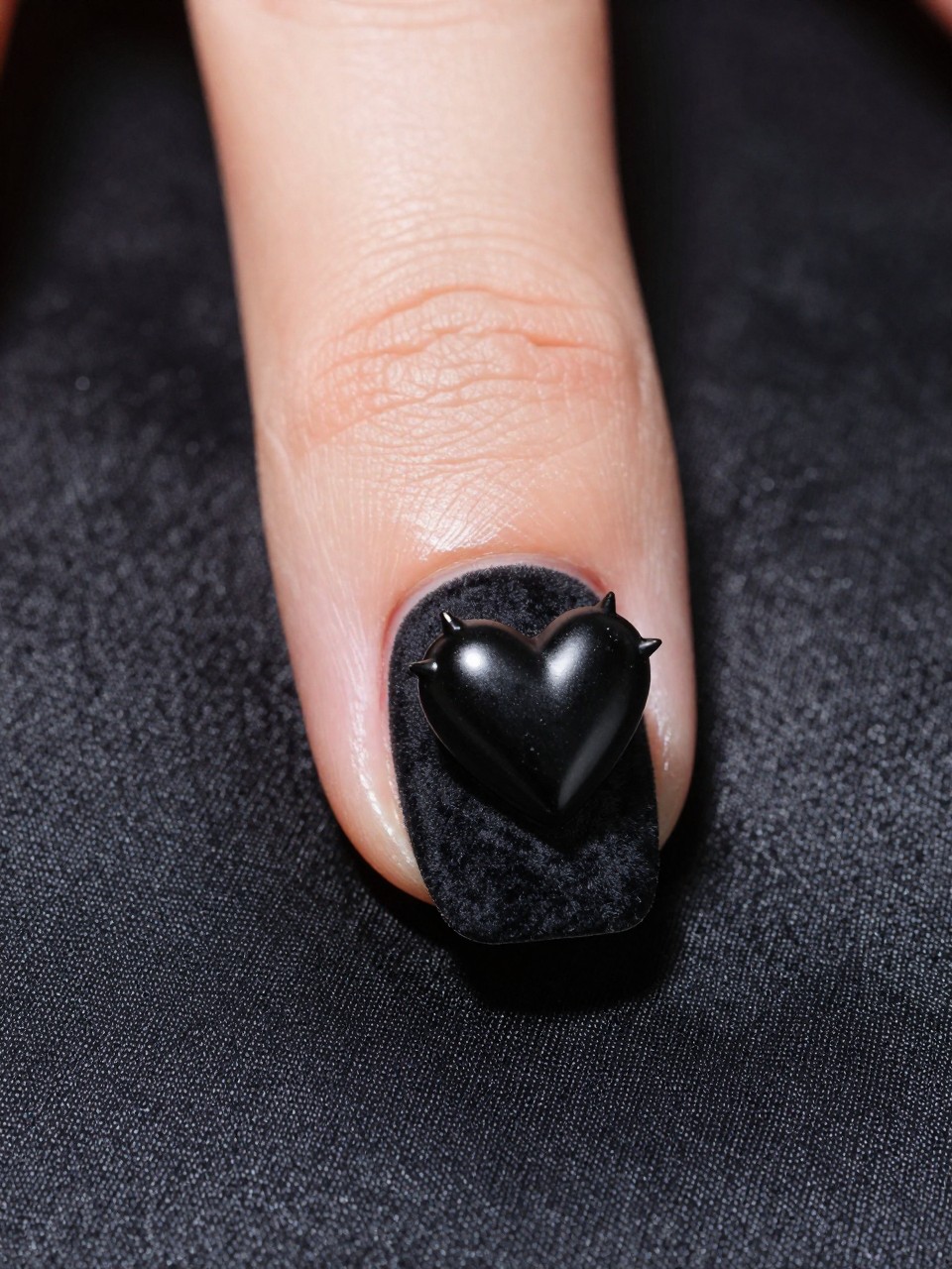 Side-angle macro shot of a nail. The base of the nail design is textured black velvet. A small, spiked black 3D heart is attached, casting a distinct shadow. The hand rests on dark silk, highlighting the extreme texture play. it should be a realistic nail design