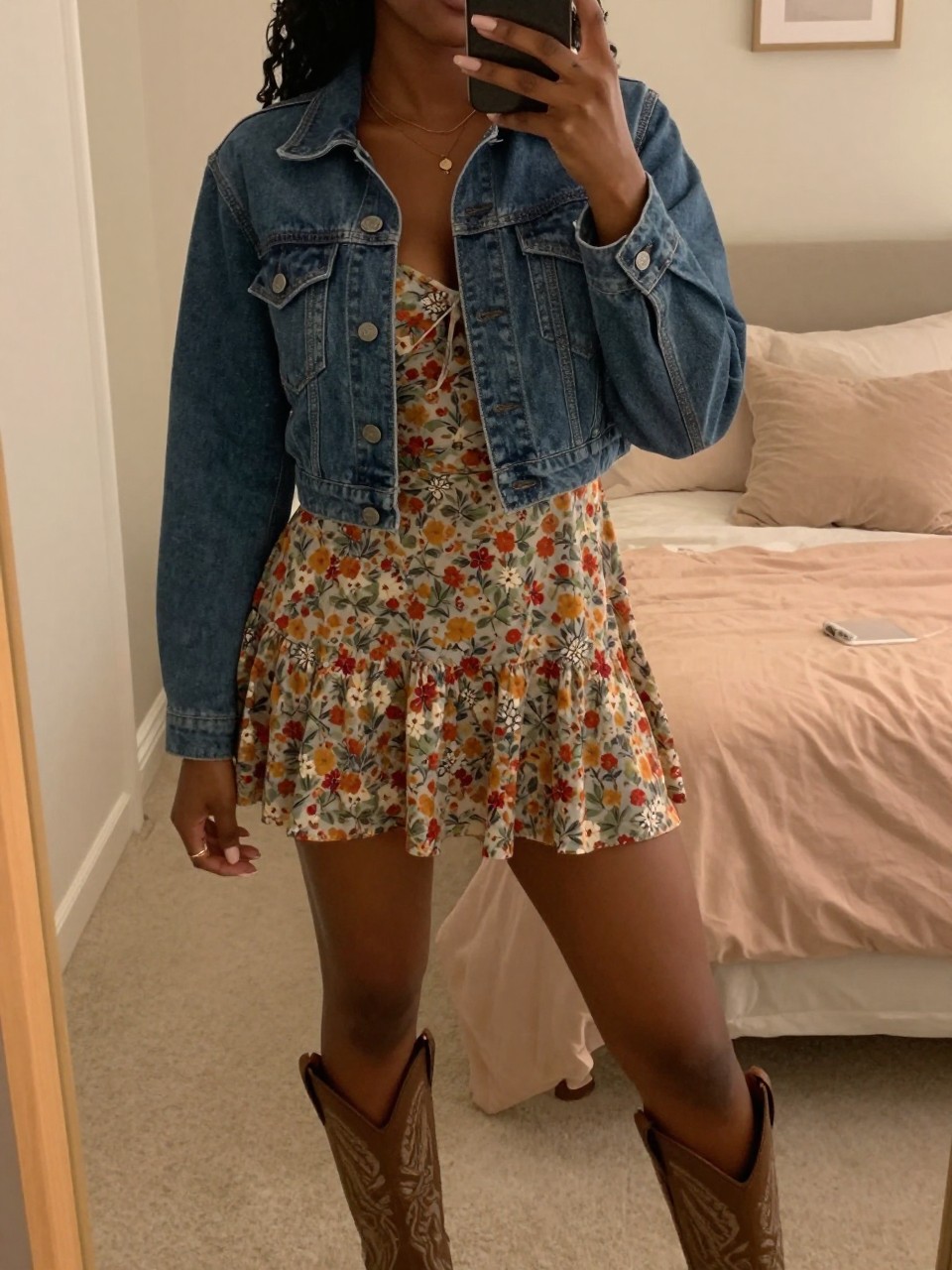 iPhone mirror selfie of a black woman in a cropped jean jacket and floral dress with cowboy boots, angled slightly, cropped at NECK so face doesn't show, in a feminine-themed bedroom with warm moody lighting, iPhone photo quality.