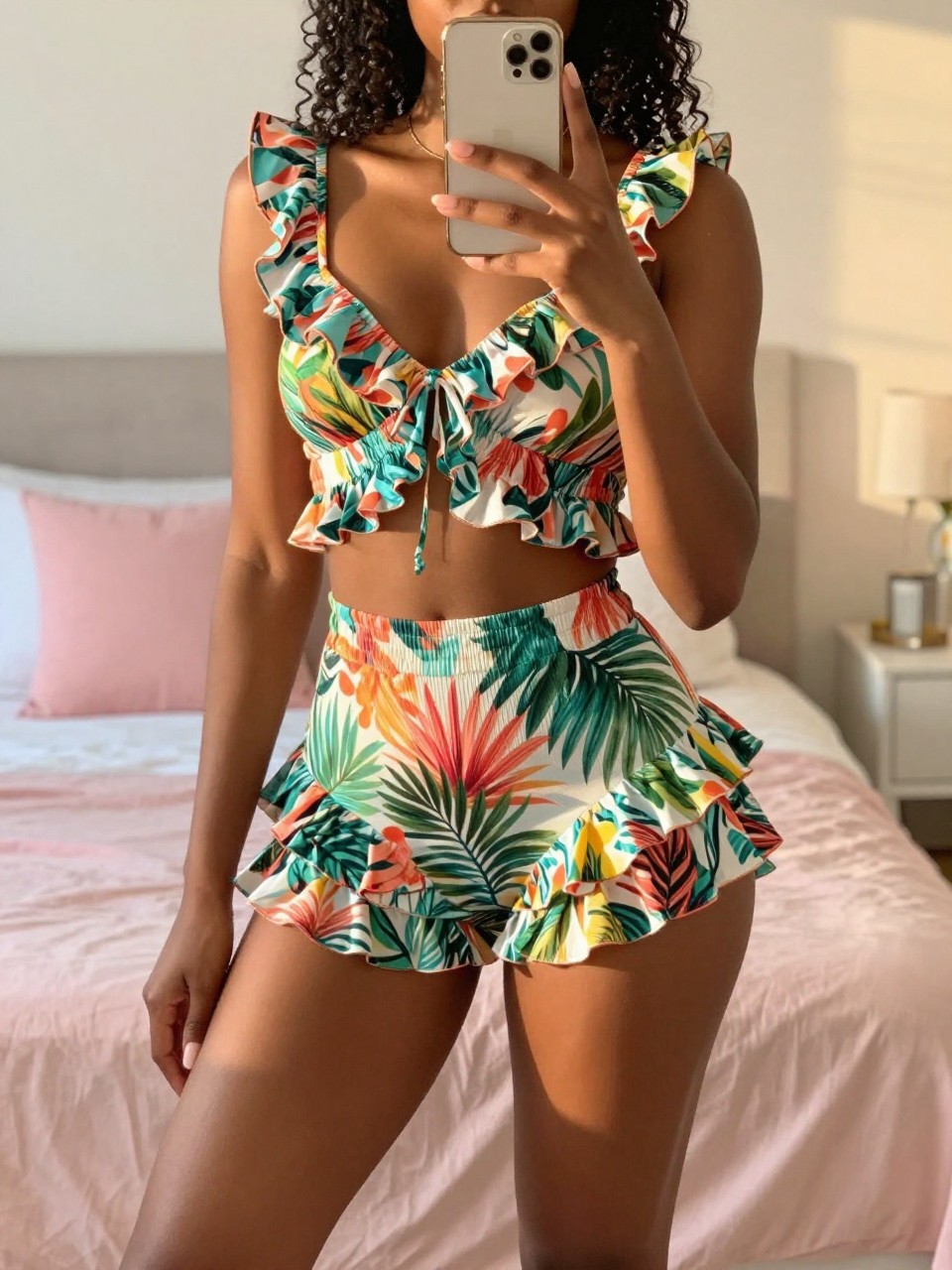 iPhone mirror selfie of a black woman wearing a ruffled tropical print two-piece set, standing with her phone hand low and weight back, cropped at NECK so face doesn't show, in a bright feminine-themed bedroom, evening golden hour light, iPhone photo quality.