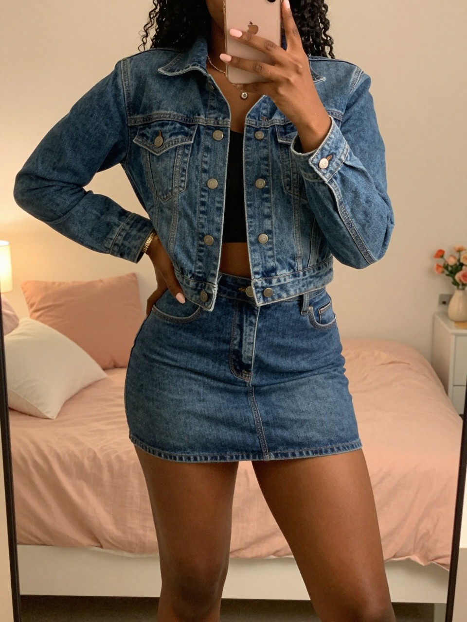 iPhone mirror selfie of a black woman in denim jacket and skirt with Timbs, one hand on hip, cropped at NECK so face doesn't show, in a feminine-themed bedroom with warm moody lighting, iPhone photo quality.