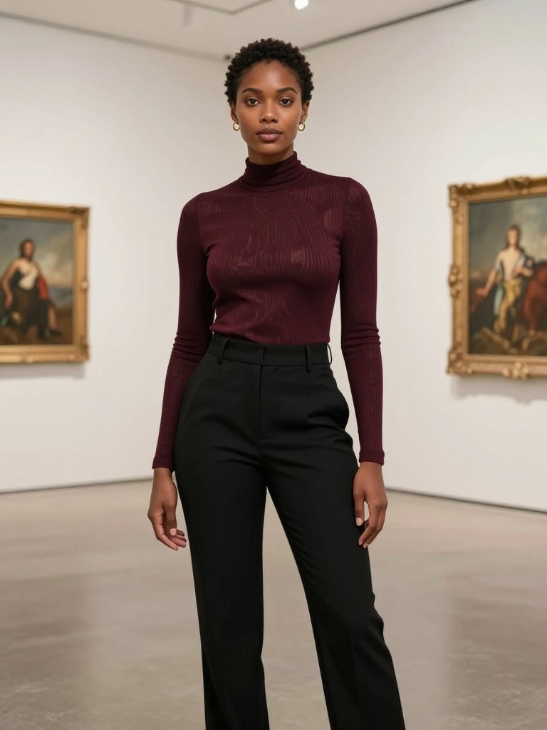A black confident woman stands in a modern art gallery space, the sheer texture of her burgundy top visible under the clean gallery lighting. The focus is on the sophisticated pairing with sleek black trousers.