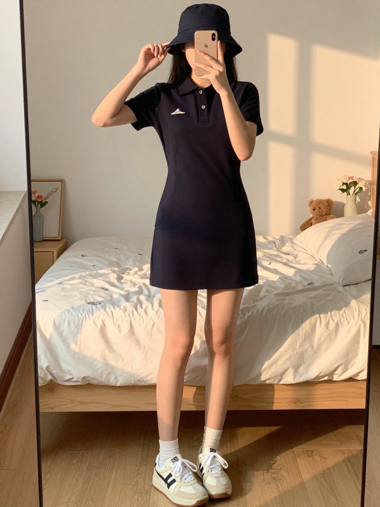 Mirror selfie of a woman in a polo dress and sneakers, adjusting her bucket hat, cropped at NECK so face doesn't show, in a feminine-themed bedroom, evening golden hour, iPhone photo quality.