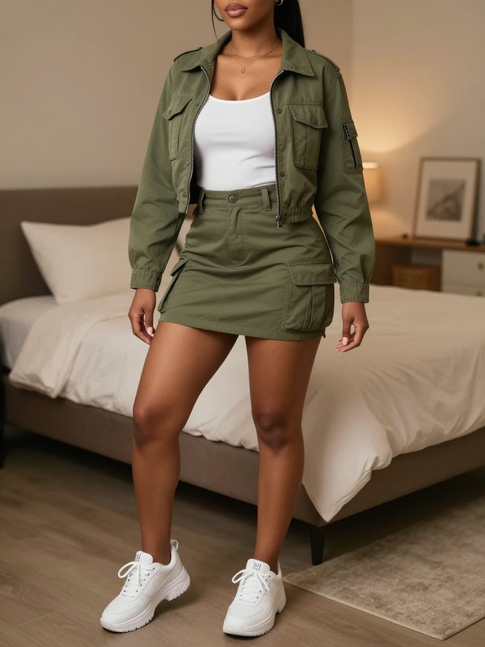 Photo of a black woman wearing a matching olive green cargo jacket over a white tank top, both tucked into the matching olive green cargo mini skirt, with white chunky sneakers and a sleek high ponytail, standing in a confident pose, cropped at NECK so face doesn't show, in a feminine-themed bedroom, warm moody lighting, iPhone photo quality.