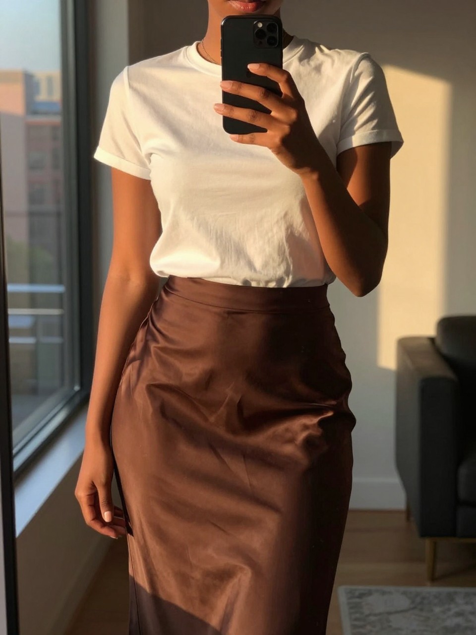 iPhone mirror selfie of a black woman wearing a white tee and chocolate brown satin skirt, standing with her phone low, cropped at NECK so face doesn't show, in a city apartment, evening golden hour light, iPhone photo quality.