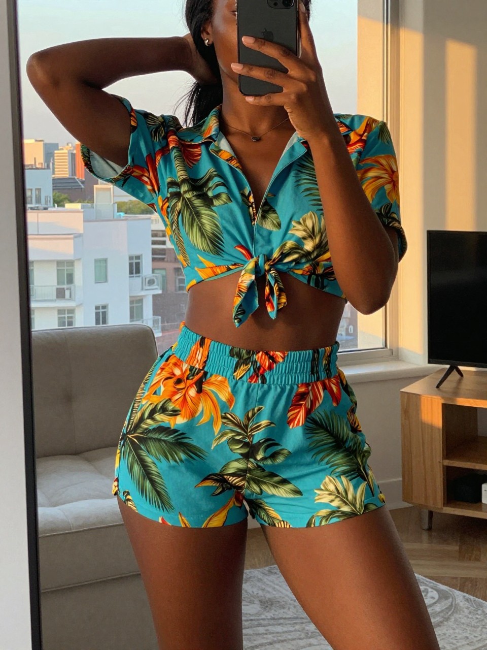mirror selfie of a black woman in tropical print matching set, one hand behind head, cropped at NECK so face doesn't show, in a city apartment during evening golden hour, iPhone photo quality.
