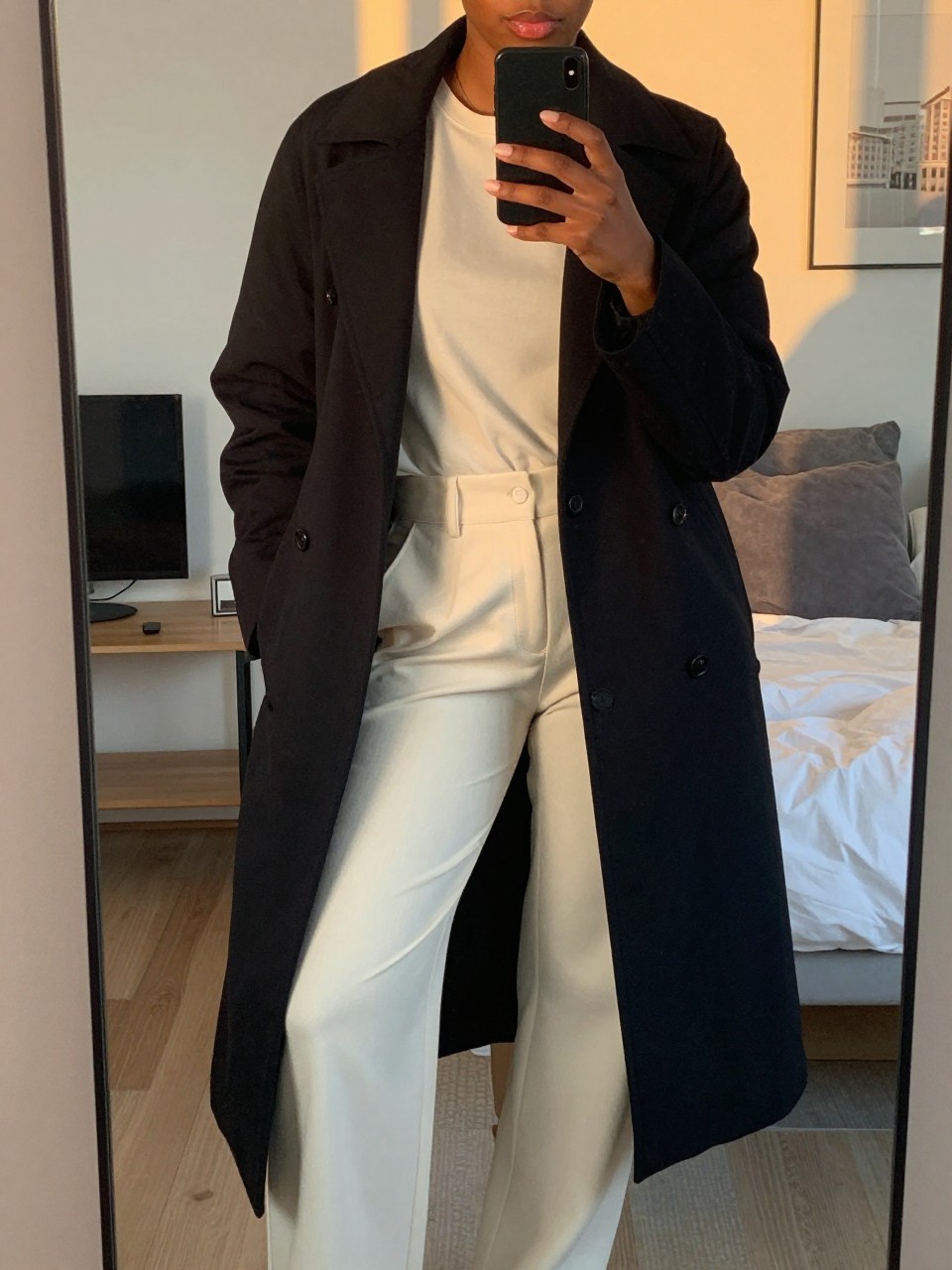 iPhone mirror selfie of a Black woman wearing a black duster coat over a cream monochrome outfit, posed with her weight back and phone low, cropped at NECK so face doesn't show, in a city apartment, evening golden hour light, iPhone photo quality.