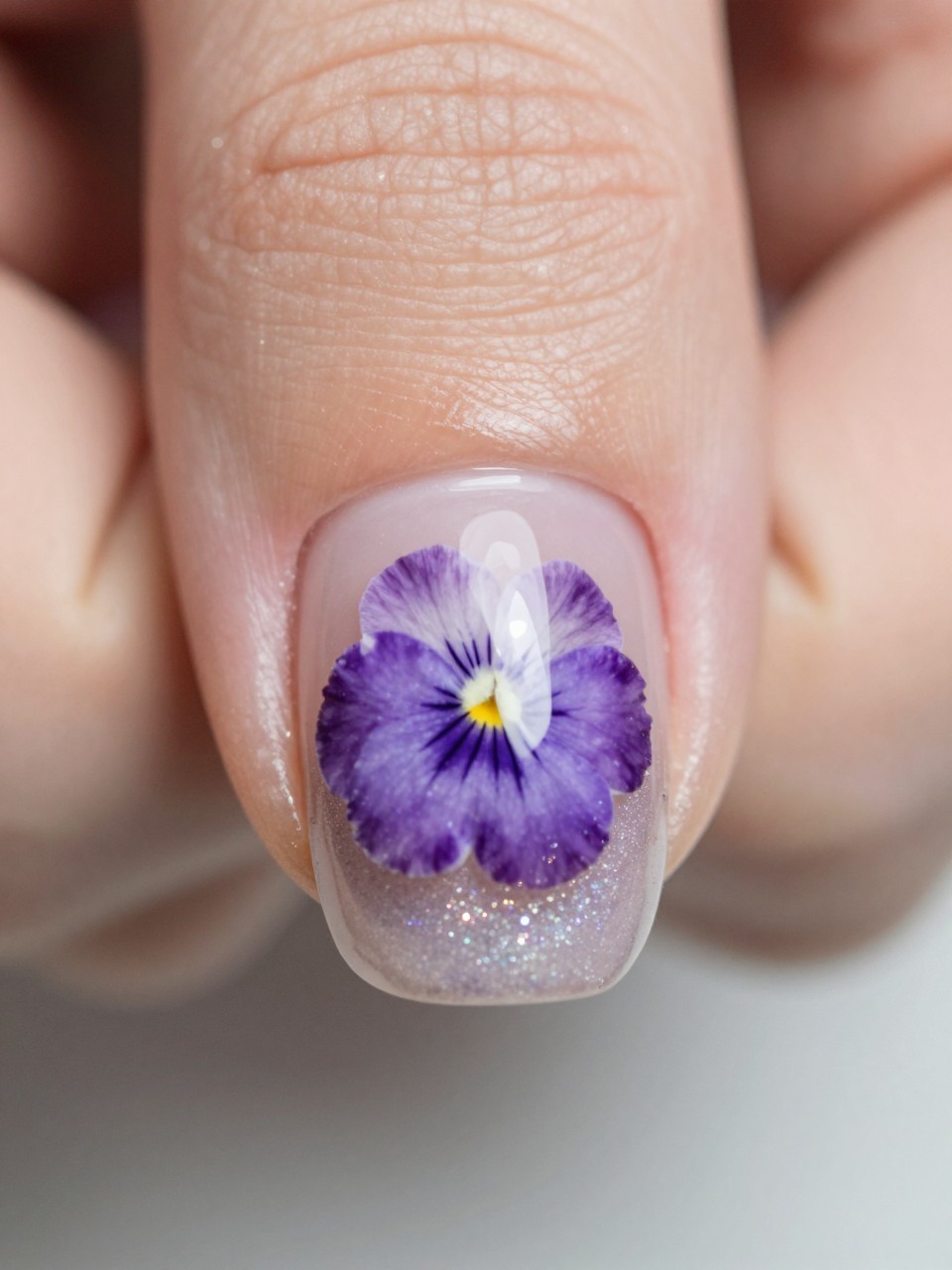 Macro, top-down view of a nail. The tip has a glitter fade. Near the cuticle, under a clear, glossy layer, small pressed purple pansies are visible, seemingly floating within the nail. The detail is exquisite.