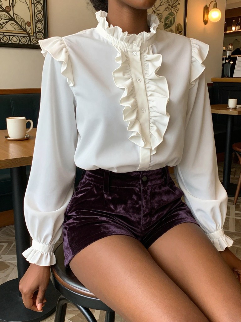 A black woman in a ruffled blouse and velvet shorts, sitting on a stool, cropped at neck so face doesn't show, in a cafe with art deco details, soft candlelight, iPhone photo quality.