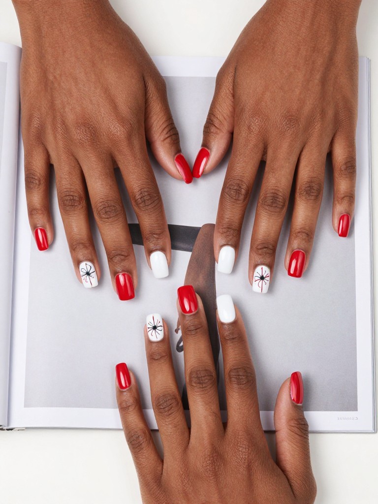 Top-down view of black female hands with square nails on a modern art magazine. Each nail is split diagonally into red and white. A simple, black or red line-art flower is painted at the color seam. The composition is crisp and contemporary.
