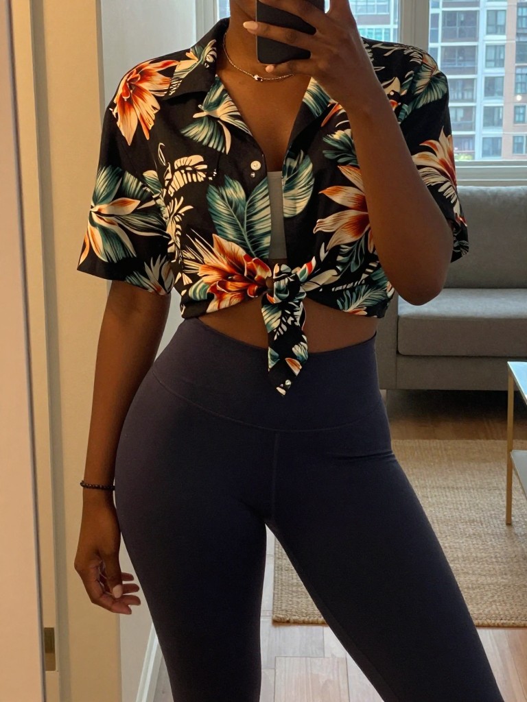 mirror selfie of a black woman in a Hawaiian shirt and leggings, shirt worn open, cropped at NECK so face doesn't show, in a city apartment, warm moody lighting, iPhone photo quality.