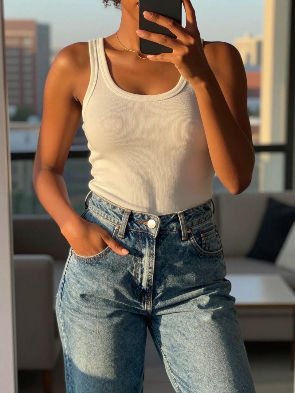iPhone mirror selfie of a black woman in double denim with a white tank underneath, one hand in pocket, cropped at NECK so face doesn't show, in a city apartment during evening golden hour, iPhone photo quality.
