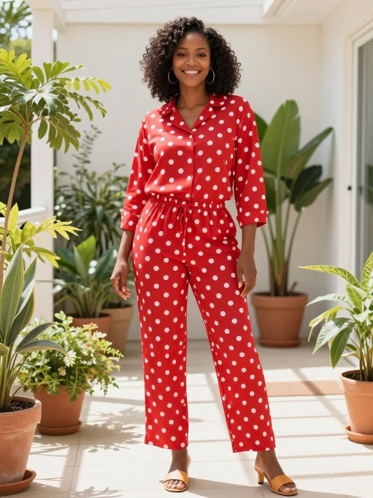 A smiling black woman stands on a sunny indoor patio surrounded by plants, showcasing her playful red polka dot set. The bright, natural light emphasizes the cheerful print and coordinated style.