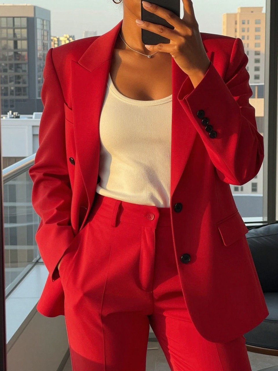 mirror selfie of a black woman in a red power suit and cream tank top, one hand in pocket, cropped at NECK so face doesn't show, in a city apartment during evening golden hour, iPhone photo quality.