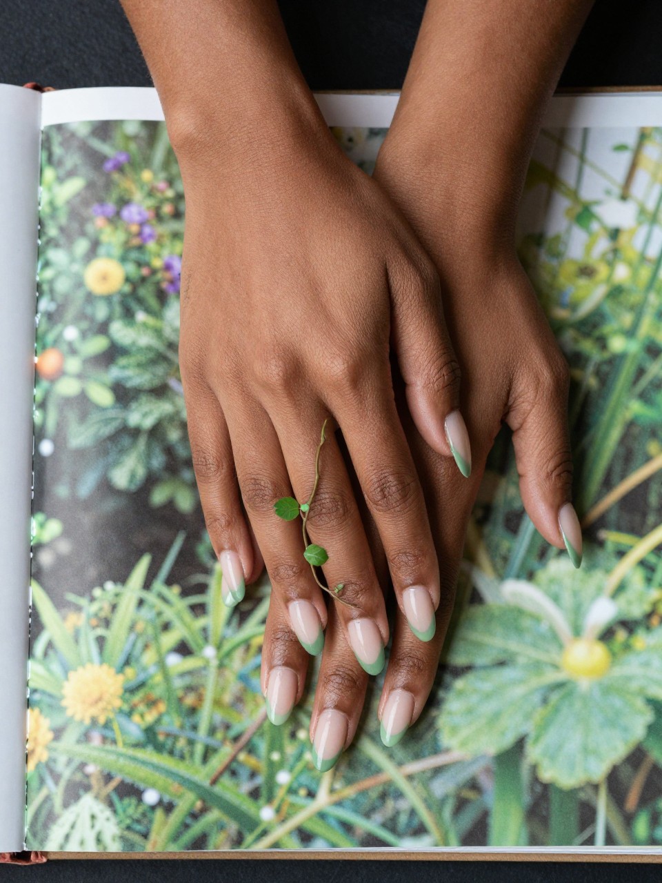 Bird's-eye view of black feminine hands with long, natural almond nails laid flat on a garden book. The nails have a soft green French tip. A thin, delicate vine with three or four tiny leaves trails from the tip down the nail. The mood is elegant and organic.