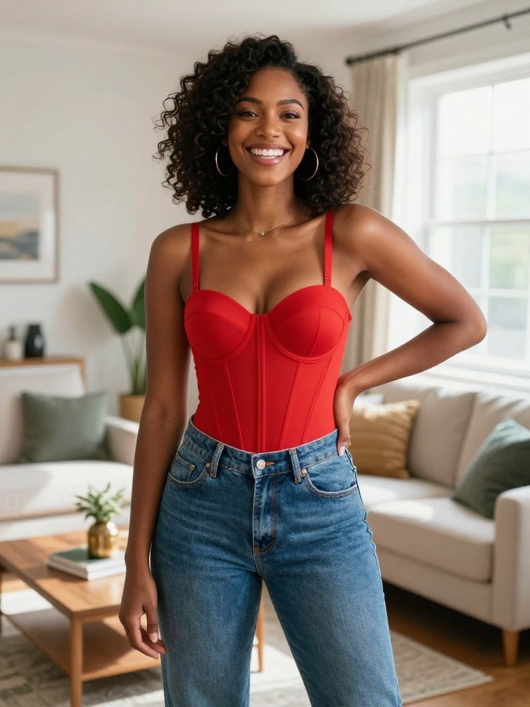 A cheerful black woman stands in a bright, eclectic living room, playfully posing with one hand on her hip. The sunny daylight from a nearby window makes the red corset top pop vibrantly against the classic blue denim.