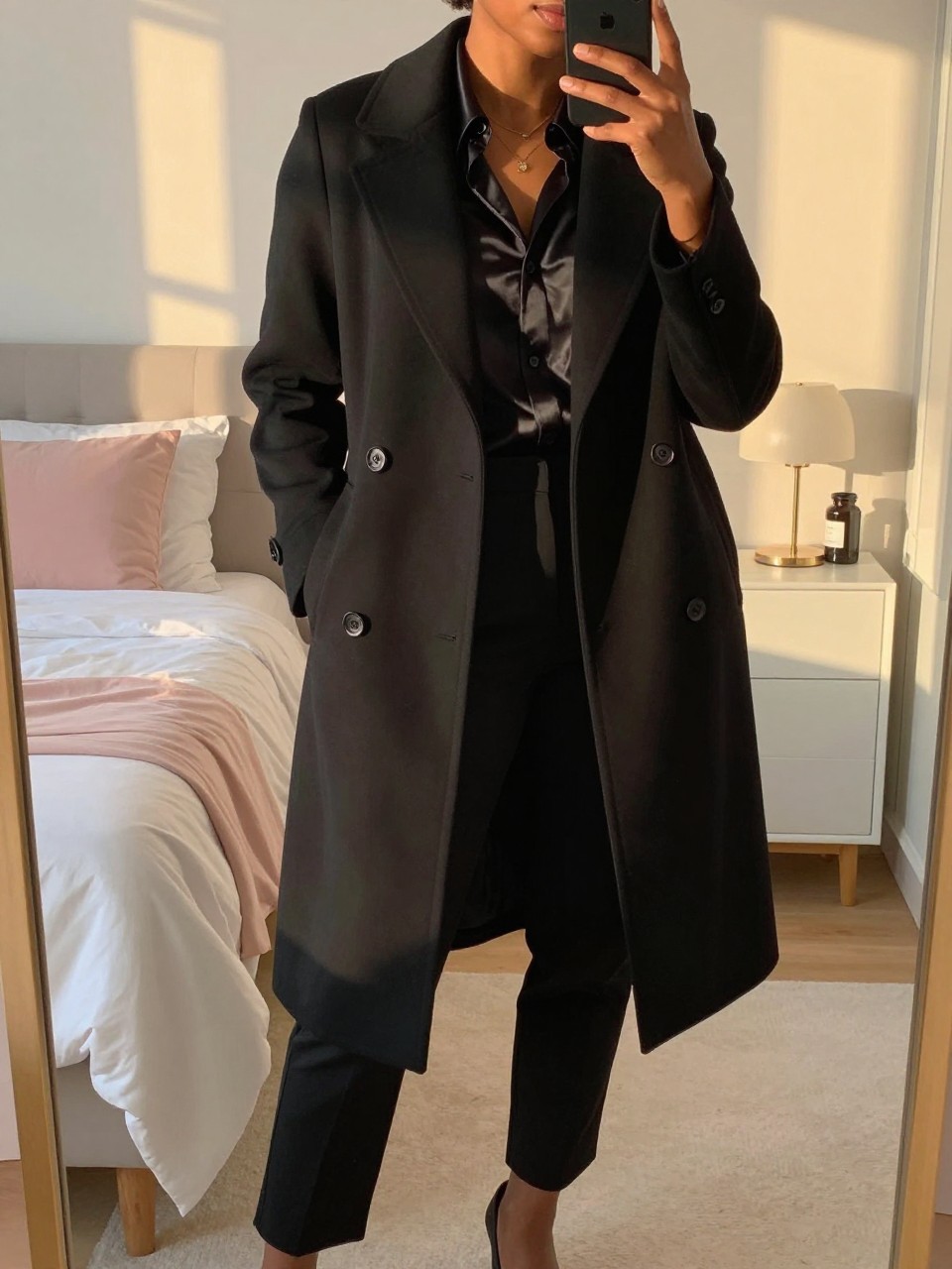 iPhone mirror selfie of a Black woman wearing a tailored black coat over a silk blouse and trousers, standing with her weight on one leg and phone at her side, cropped at NECK so face doesn't show, in a bright feminine-themed bedroom, evening golden hour light, iPhone photo quality.