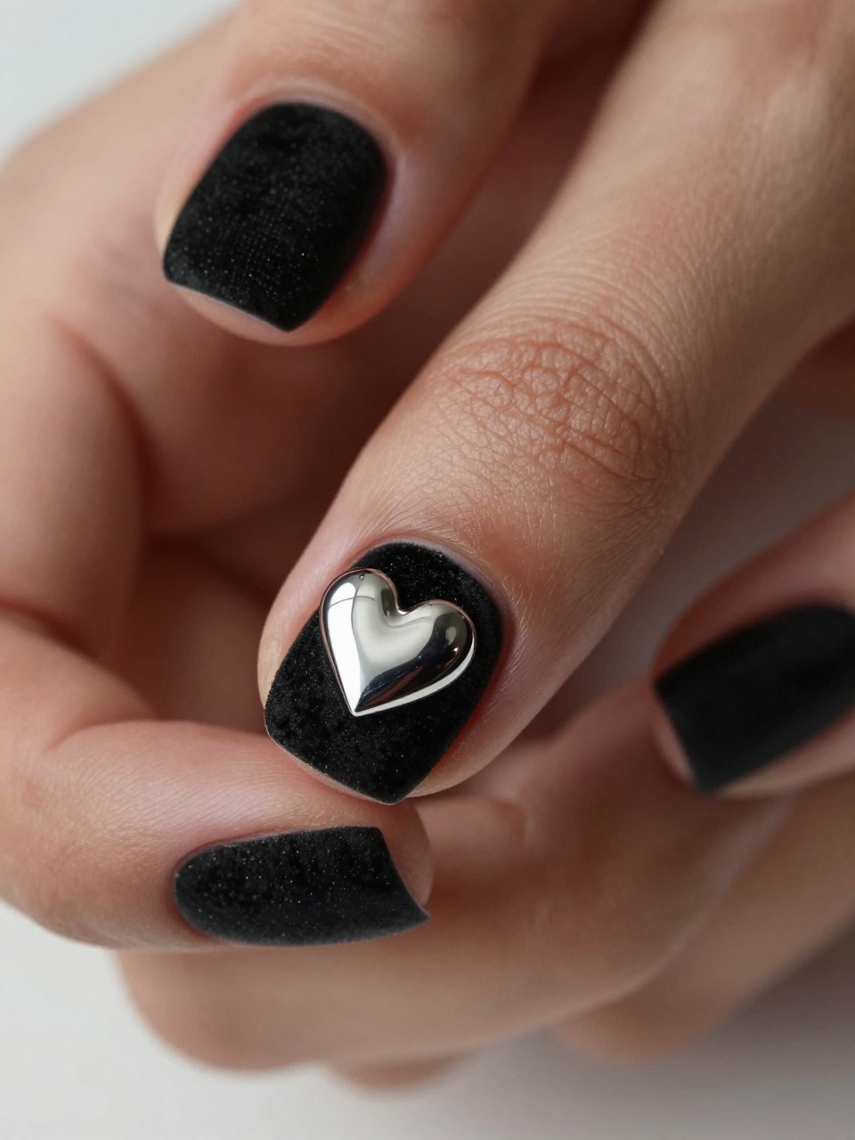 Macro, side-angle shot of a black feminine hands. The base of the nail design is a textured black velvet finish. A small, 3D chrome heart charm is attached near the cuticle, casting a tiny shadow. The contrast between the soft base and hard, shiny charm is emphasized.