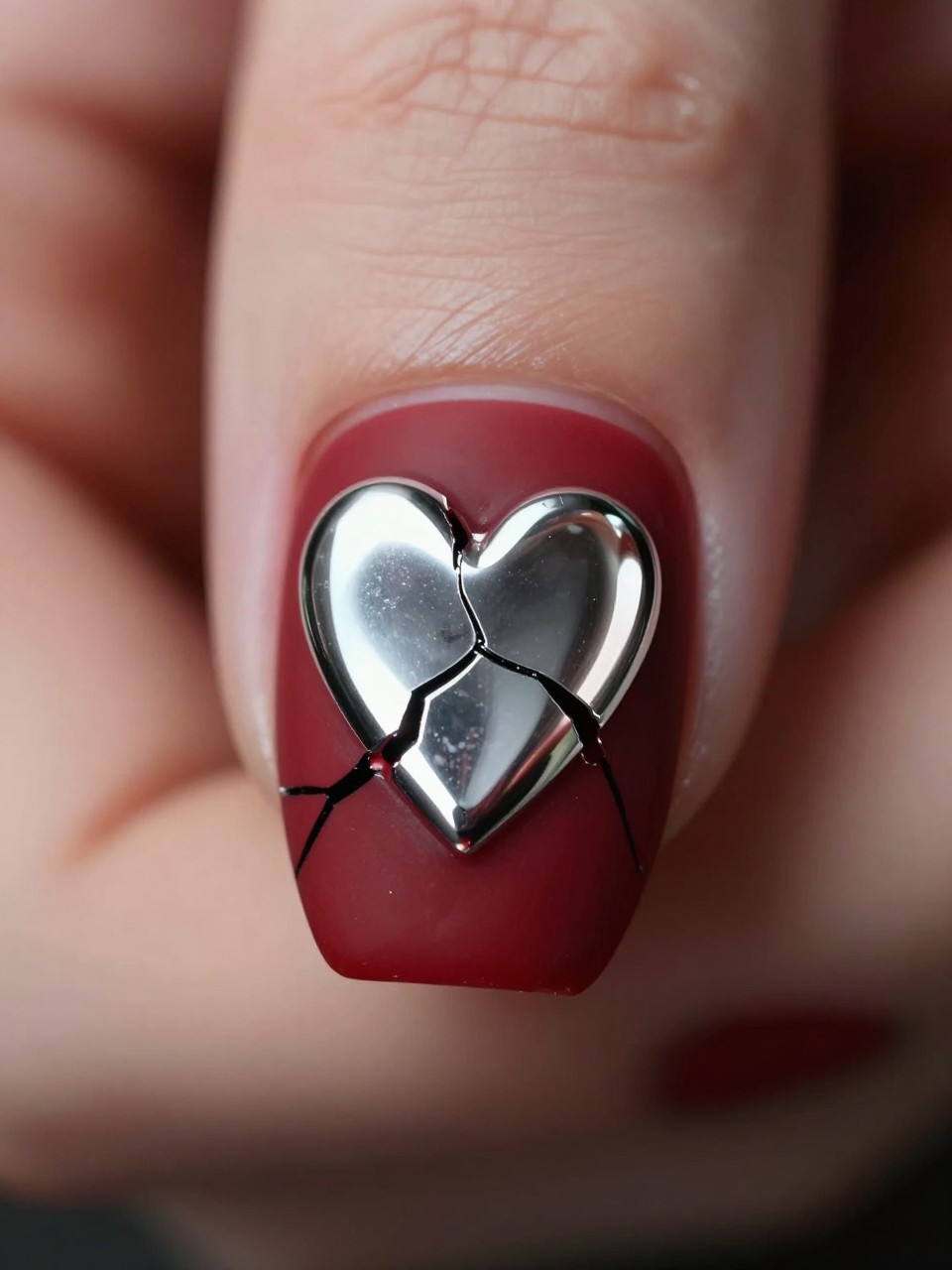 Macro focus on a single nail with a matte blood red base. A large, mirror chrome heart is centered on the nail, with thin black lines painted across it to simulate cracking or shattering. The mood is dark, romantic, and intense.