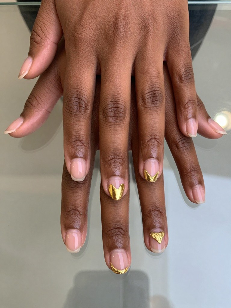 Top-down view of black hands resting on a reflective, glass surface. The natural, short nails are glossy and clear. A single, sharp gold foil chevron points from the base to the center of each nail. Sleek, overhead lighting creates clean reflections.