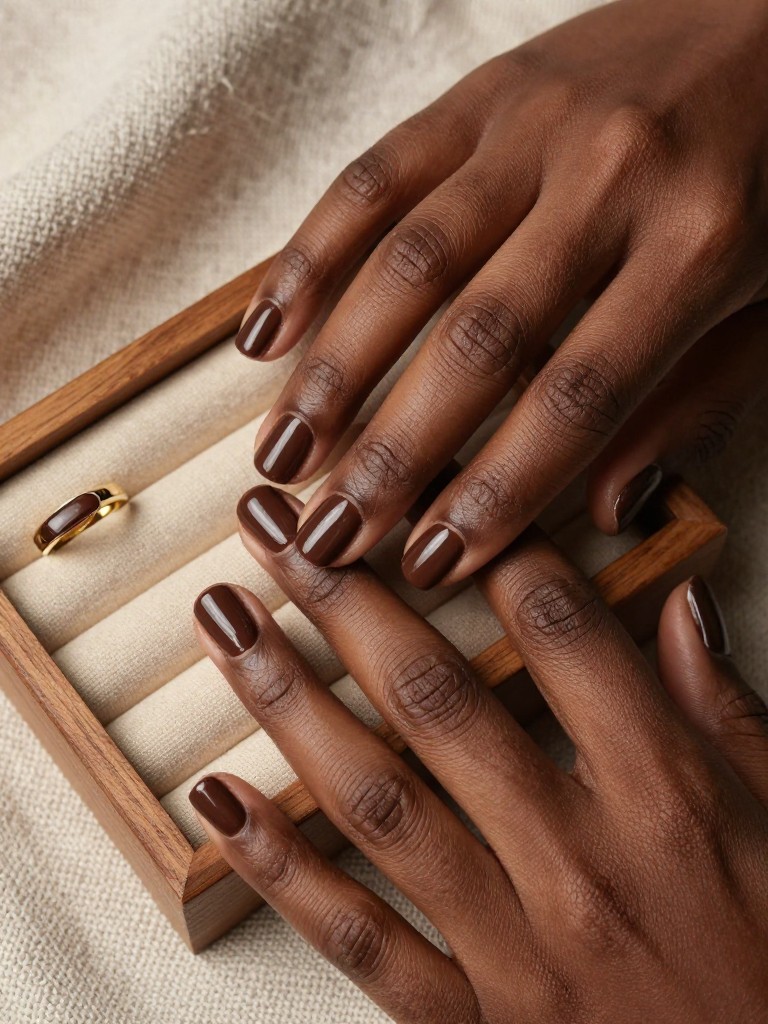 Bird’s-eye view of black hands laid on top wooden ring box. The nails are short and rounded, painted a deep, glossy chocolate brown. The background features neutral knit fabric, and warm lighting makes the brown polish look rich and shiny.