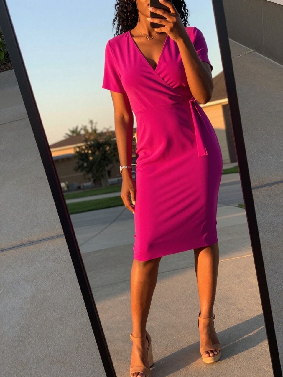 iPhone mirror selfie of a black woman in a fuchsia wrap dress and wedge sandals, angled slightly, cropped at NECK so face doesn't show, in a sunny outdoor setting during evening golden hour, iPhone photo quality.