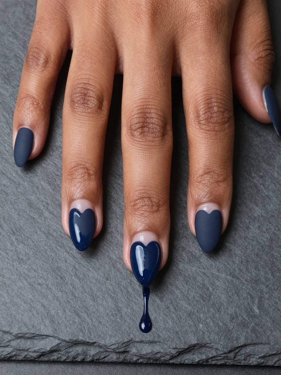 Top-down view of black feminine hands on a dark grey slate. The nails are matte navy. A glossy navy heart at the base of each nail has a single, shiny drip running toward the tip. The look is sleek, expressive, and cool.