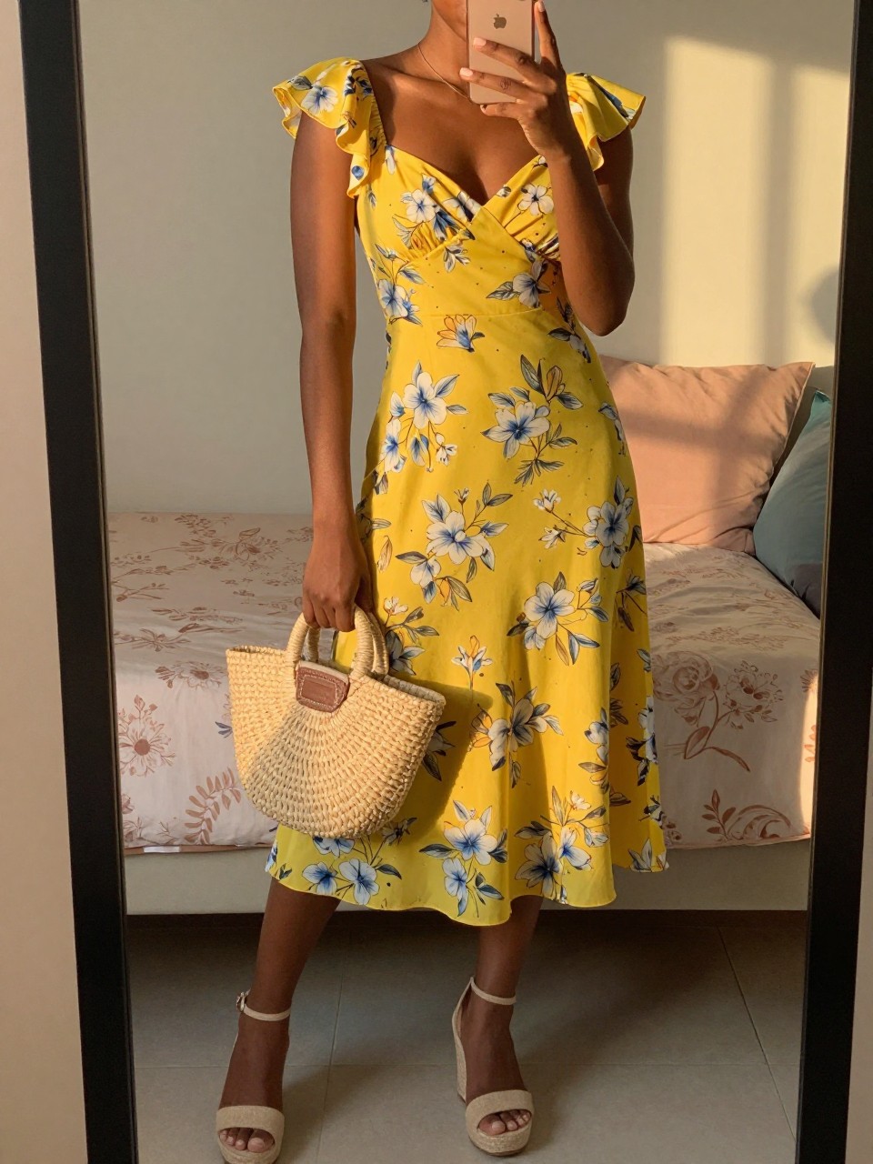 iPhone mirror selfie of a Black woman wearing a yellow floral dress with a straw bag and wedges, standing with one foot forward and phone in the other, cropped at NECK so face doesn't show, in a feminine-themed bedroom, evening golden hour light, iPhone photo quality.
