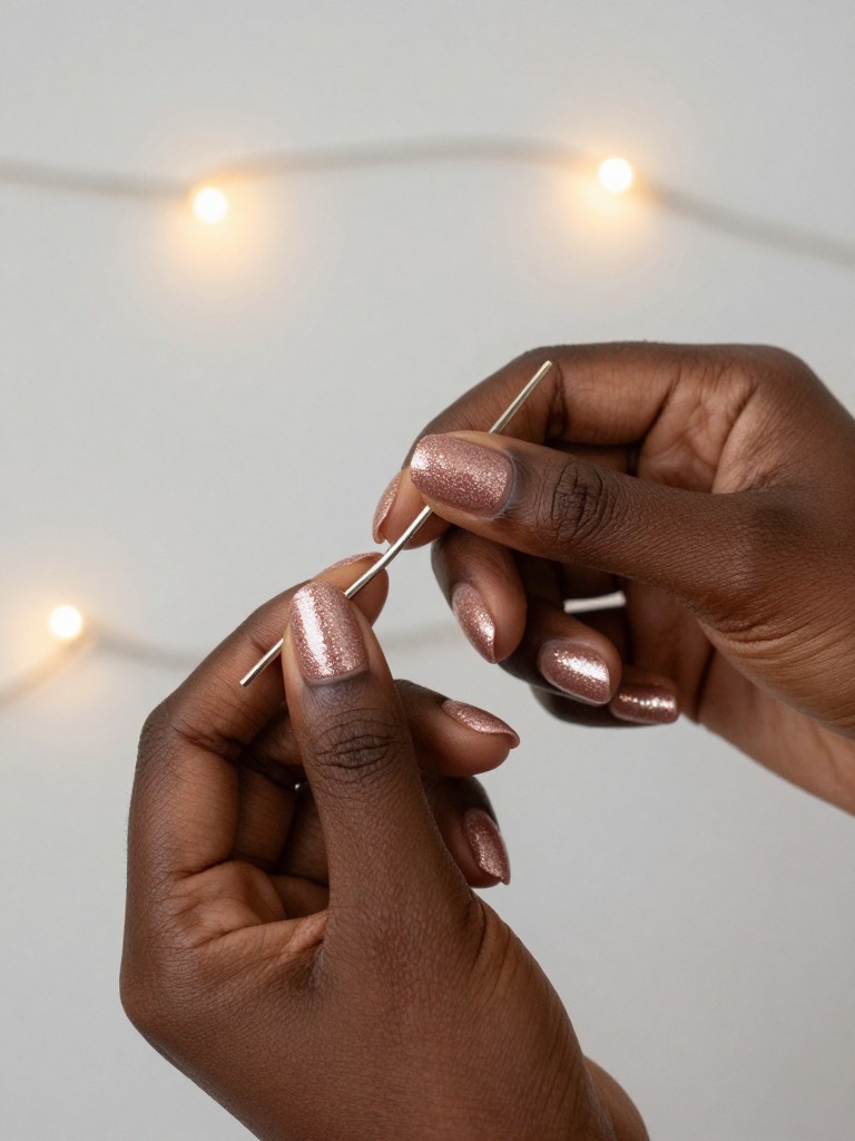 Overhead shot of black hands holding a delicate, glittering hairpin. The nails are a short almond shape, densely coated in a fine, rosy gold glitter that is smooth to the touch. The hands are against a soft, blurred background of string lights, with the glitter catching the light beautifully.