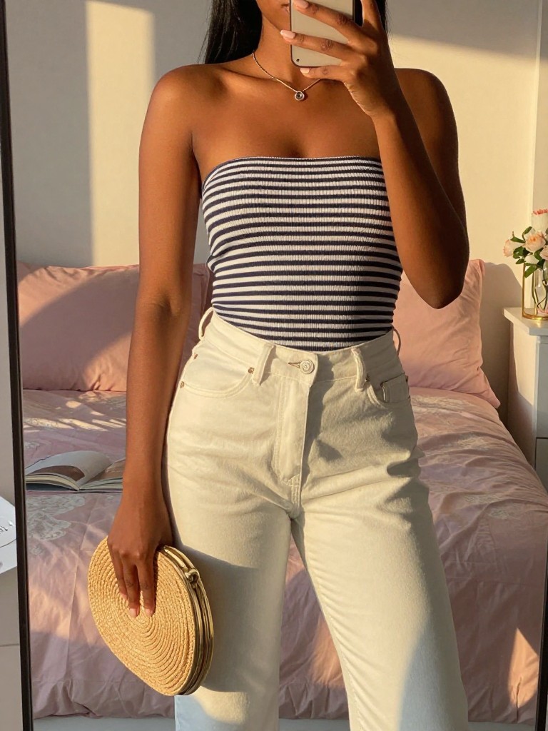 mirror selfie of a black woman in a striped top and white jeans, holding a straw clutch, cropped at NECK so face doesn't show, in a feminine-themed bedroom, evening golden hour, iPhone photo quality.