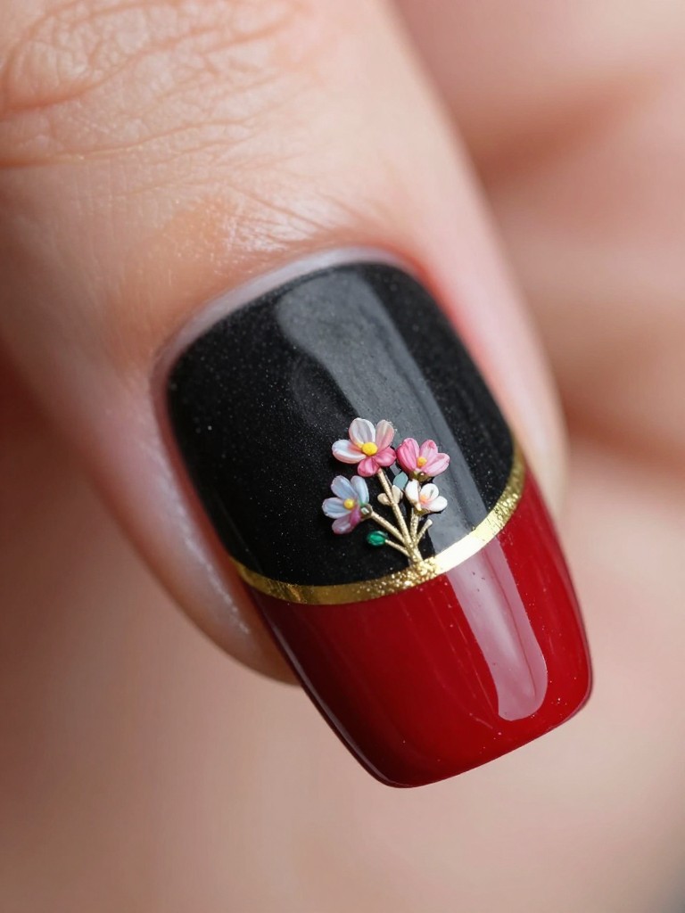 Extreme close-up of a single black female nail. The base is glossy red with a thin gold line at the cuticle. Just above the line, a tiny, detailed bouquet of micro flowers is painted. The detail is fine and precious.