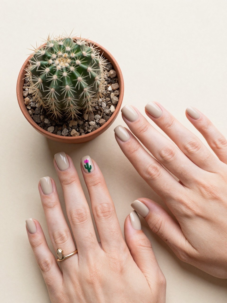 Bird's-eye view of hands with short, square nails next to a small potted cactus. The nails are a matte sandy beige. The ring fingers feature a simple painted cactus with a vibrant pink flower on top. The vibe is boho and warm.