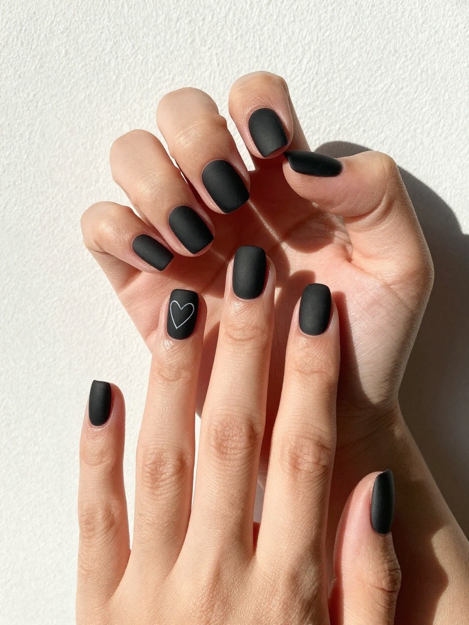 A black feminine hands in daylight with matte black nails and a faint white heart outline. It’s mysterious and clever.