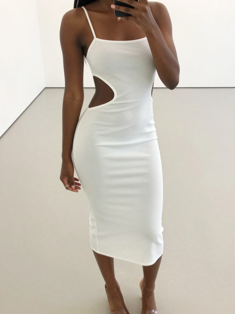 mirror selfie of a black woman in a white cut-out midi dress, focusing on the side-cutout detail and clear sandals, cropped at thighs, in a bright, all-white gallery space, iPhone photo quality.