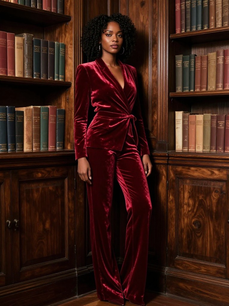 A black woman stands in a moody, sophisticated library with dark wood, leaning against a bookshelf. The warm, low light accentuates the rich plush texture of her red velvet pantsuit, showcasing its elegant drape.