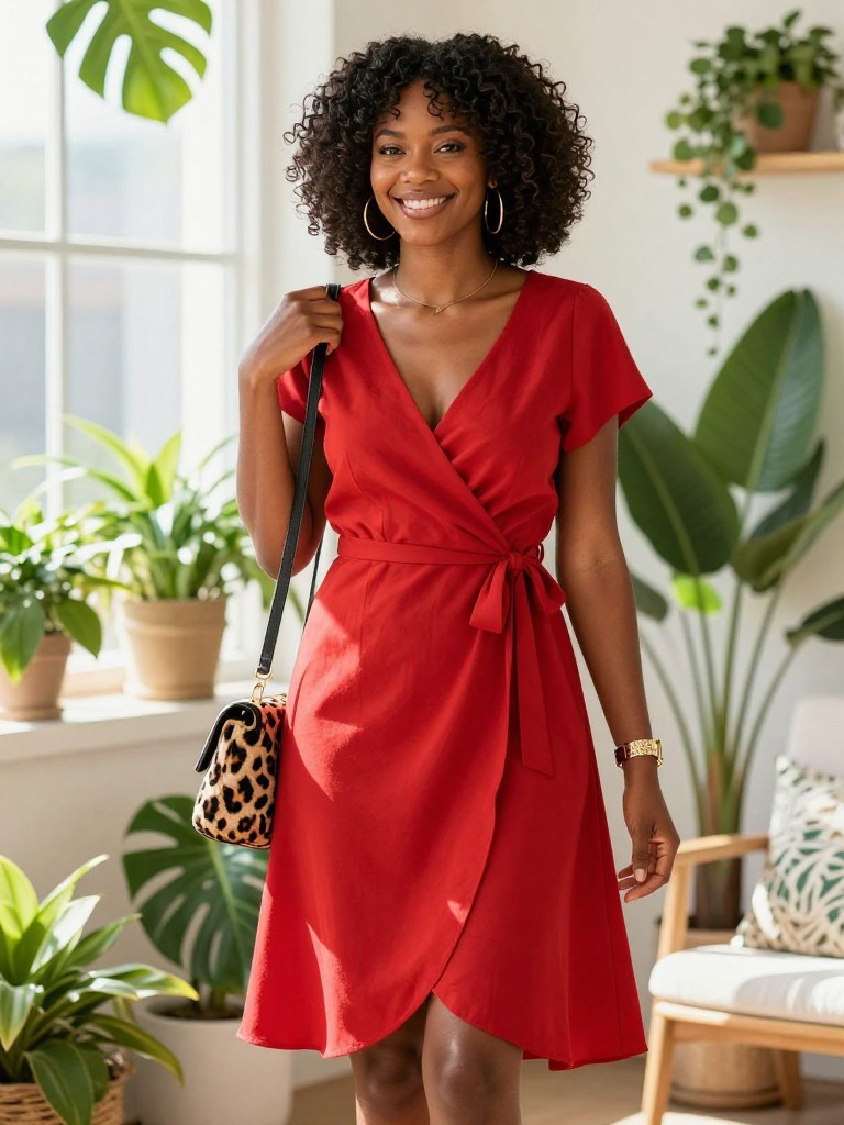 A smiling black woman stands in a bright, plant-filled sunroom, holding the edges of her red wrap dress. The morning light streaming in highlights the dress's vibrant color and the playful mix with leopard print accessories.