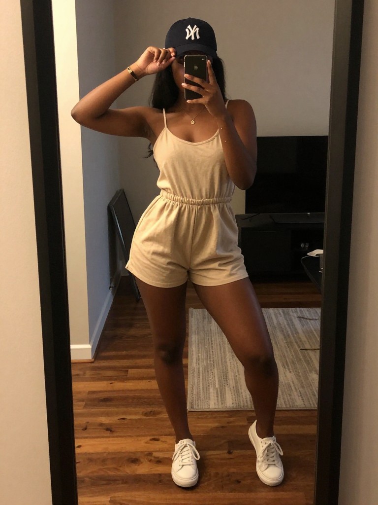 mirror selfie of a black woman in a romper and sneakers, adjusting her baseball cap, cropped at NECK so face doesn't show, in a city apartment, warm moody lighting, iPhone photo quality.