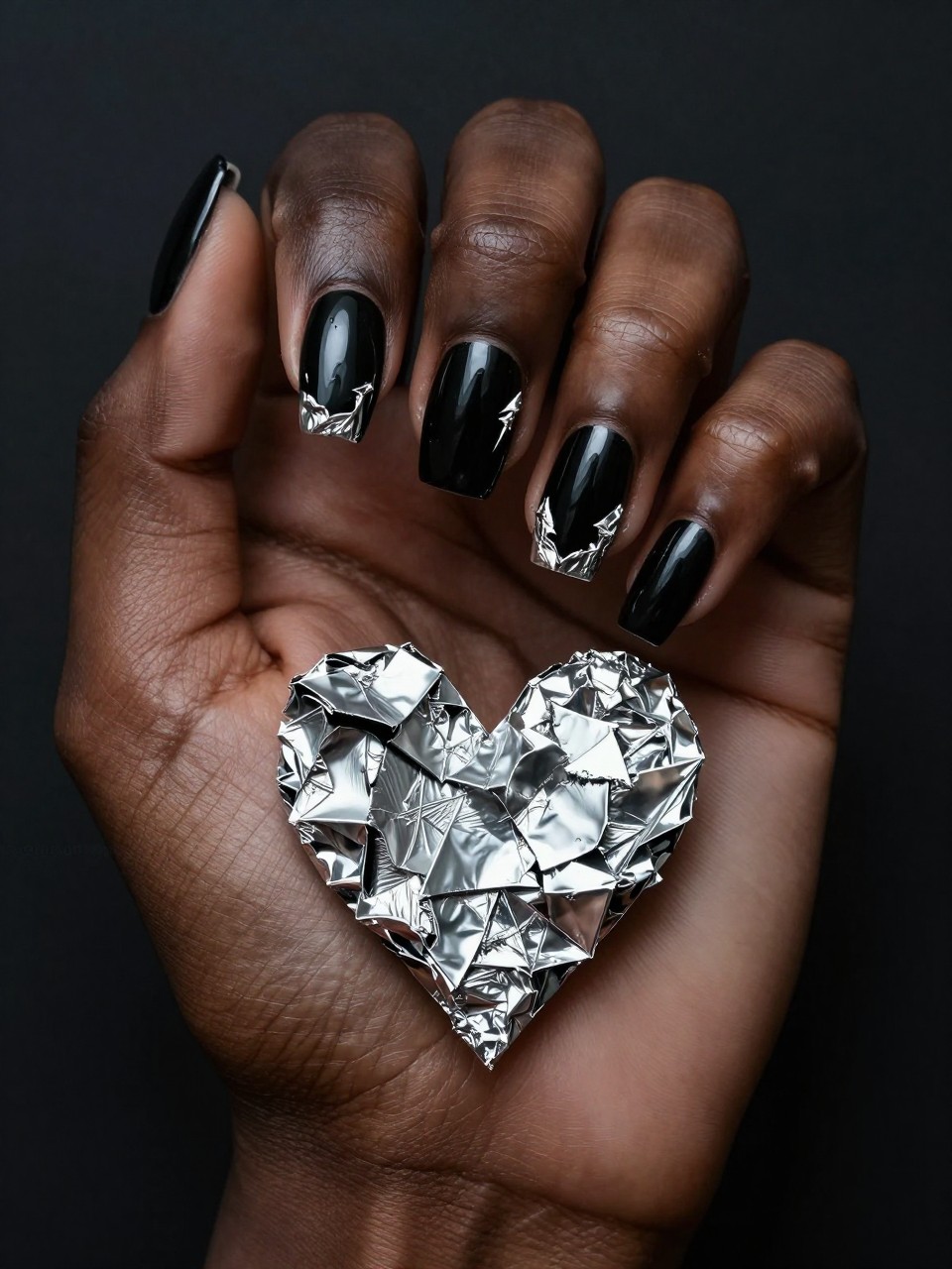 Top down view of a black feminine hands on a dark backdrop. The base of the nails are glossy black. The designs on the nails are jagged pieces of silver chrome foil are arranged in a fragmented heart formation. Sharp, dramatic lighting makes the foil shards gleam dangerously.