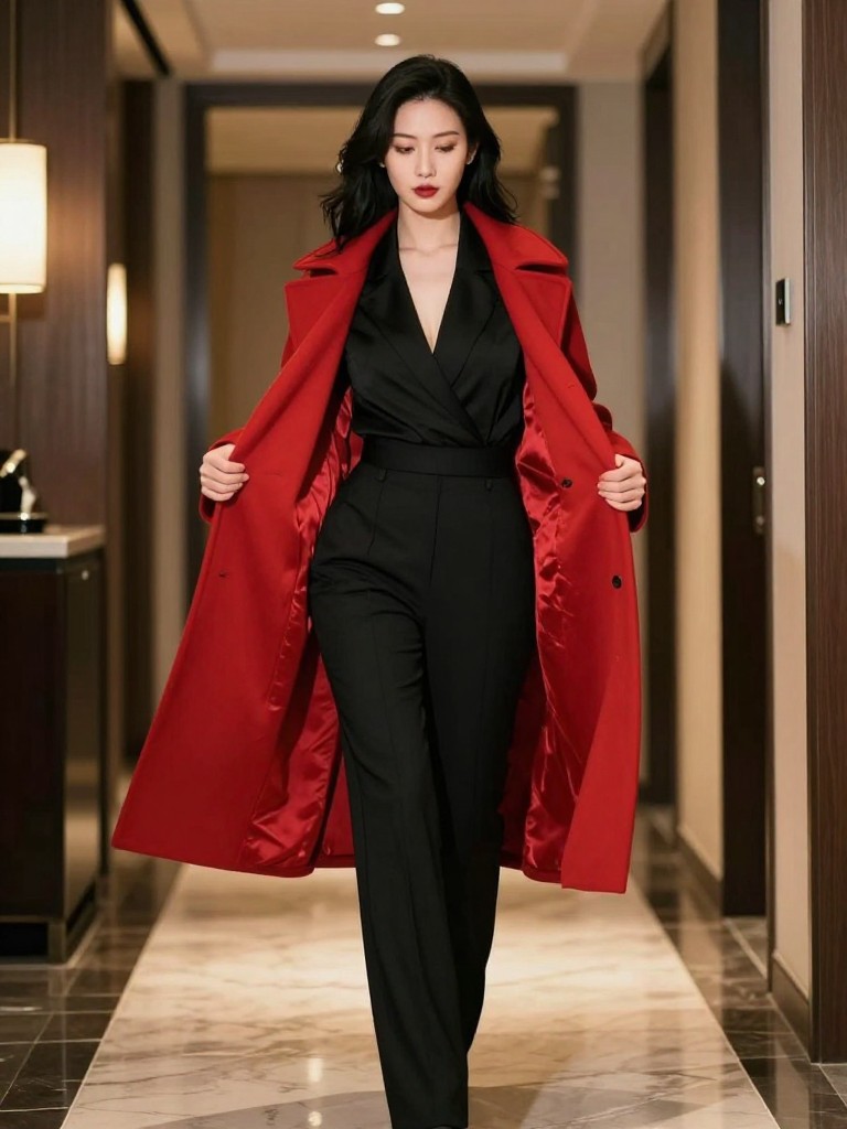 A woman stands dramatically in a stylish foyer, holding open her vibrant red coat to reveal the all-black outfit beneath. The indoor hallway lighting creates a sense of arrival and high fashion.