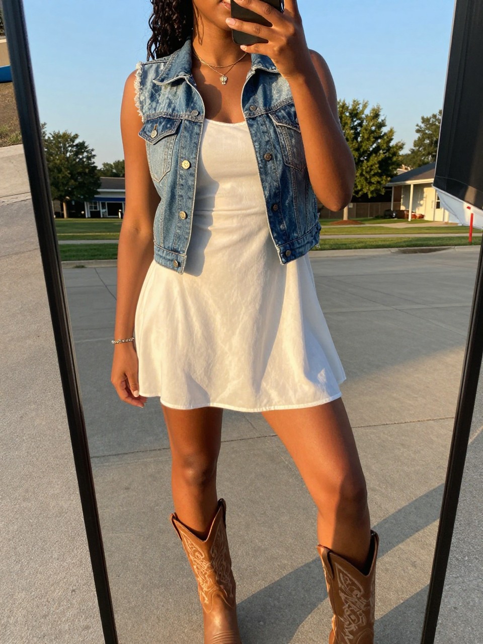 iPhone mirror selfie of a black woman in a patchwork denim vest over a white dress with cowboy boots, angled slightly, cropped at NECK so face doesn't show, in a sunny outdoor setting during evening golden hour, iPhone photo quality.