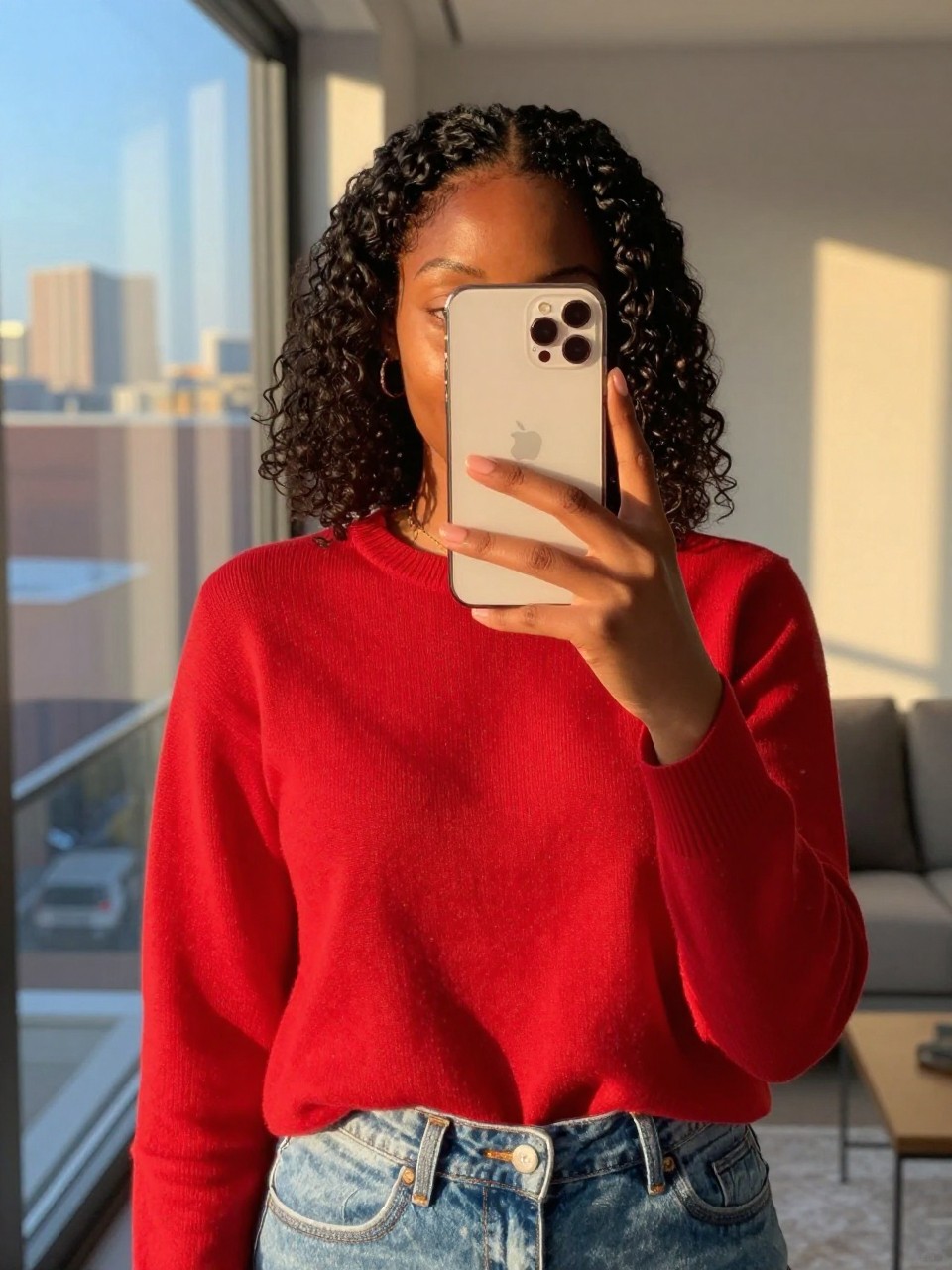iPhone mirror selfie of a black woman in a red sweater and denim, phone held naturally, cropped at NECK so face doesn't show, in a city apartment during evening golden hour, iPhone photo quality.